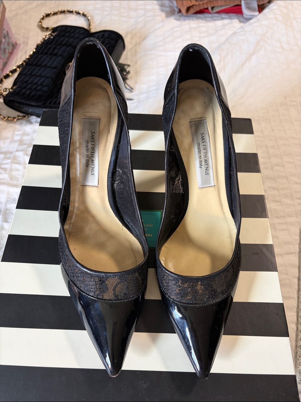 Saks Fifth Avenue Black Patent Pointed Toe Lace-Trim Pumps